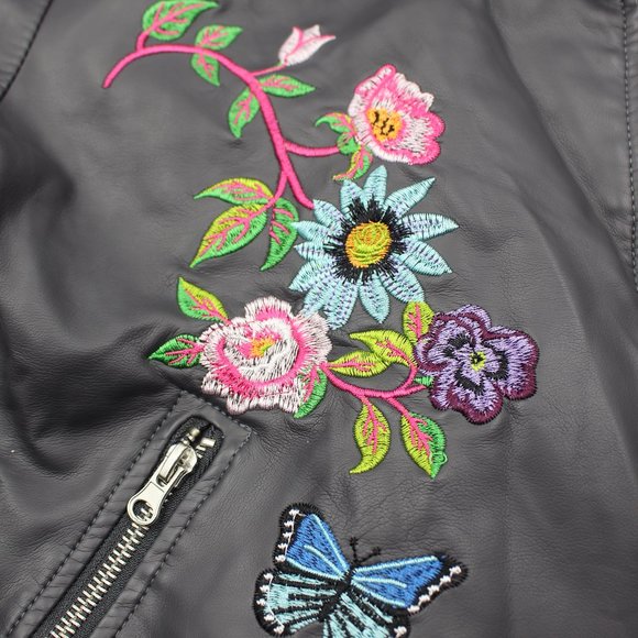C&C California Dark Grey Embroidered Faux Leather Girls Biker Jacket Size 12 - Picture 5 of 11